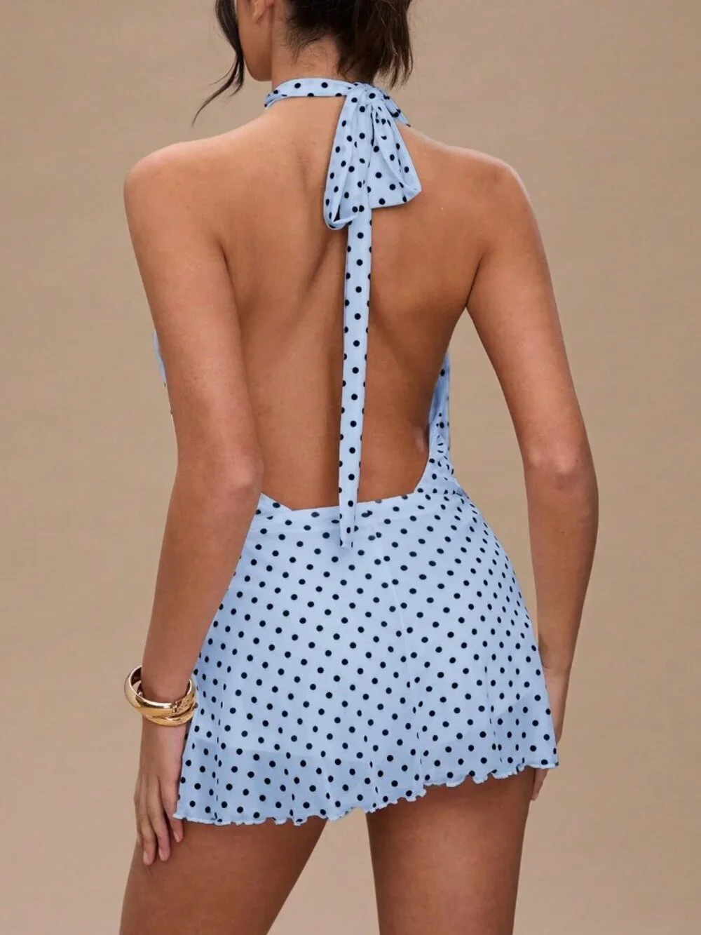 Baby Blue Casual Women's Polka Dot Print Halter Backless Dress